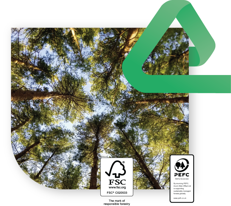 Photo of forest with climate calc, fsc and pefc logo
